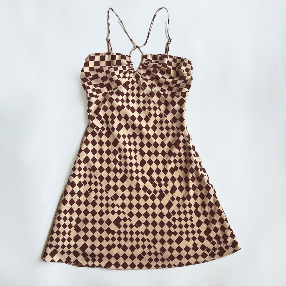 Checkered and Ruched Spaghetti Strap Mini Sundress